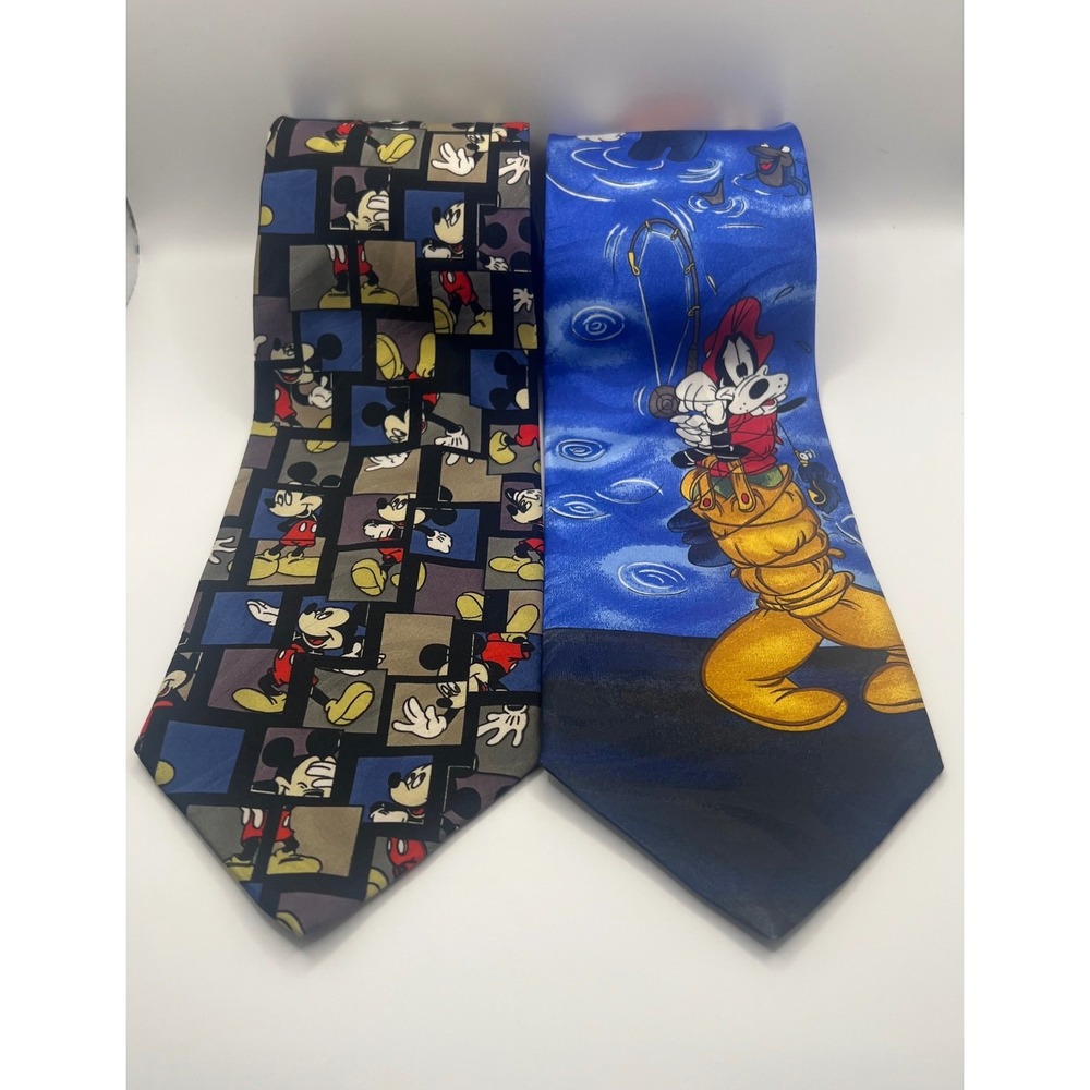 Vintage Mickey Unlimited Disney Necktie Lot Fishing & Grid Pattern 2 Piece Set
